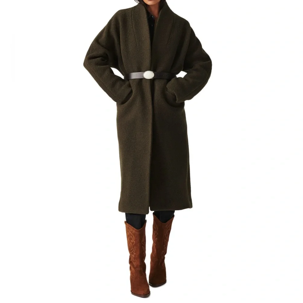 NWT ba&sh khaki “Colin” shawl collar long coat Size Large - Picture 1 of 16